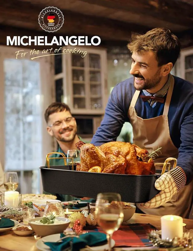 Alt view image 7 of 7 - MICHELANGELO Roasting Pan with Rack, Carbon Steel Turkey Roasting Pan for Oven and Induction, Nonstick Turkey Roaster Pan with Stainless Steel Golden Rack & Golden Handle, 15 Inch x 11 Inch