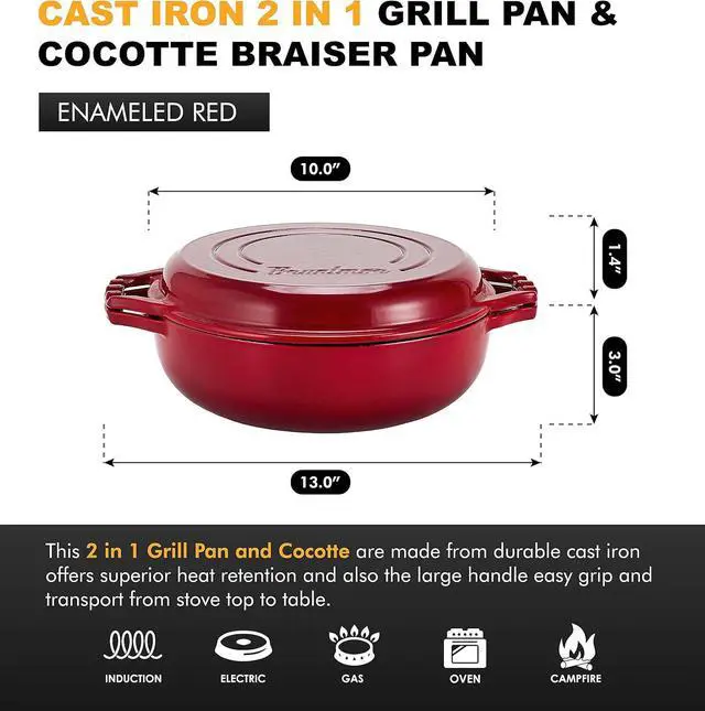 Alt view image 2 of 7 - Bruntmor 2-in-1 Pre-Seasoned Cast Iron Pan |Cocotte Double Braiser Pan with Grill Lid 3.3 Quarts - Barbecue Grill Non Stick Frying Pan - Nonstick Cookware Set with Wide Handle (Red)