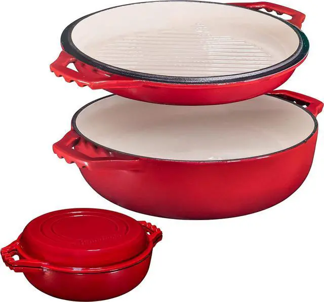 Main image of Bruntmor 2-in-1 Pre-Seasoned Cast Iron Pan |Cocotte Double Braiser Pan with Grill Lid 3.3 Quarts - Barbecue Grill Non Stick Frying Pan - Nonstick Cookware Set with Wide Handle (Red)