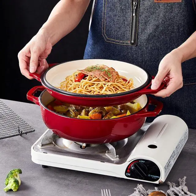 Alt view image 3 of 7 - Bruntmor 2-in-1 Pre-Seasoned Cast Iron Pan |Cocotte Double Braiser Pan with Grill Lid 3.3 Quarts - Barbecue Grill Non Stick Frying Pan - Nonstick Cookware Set with Wide Handle (Red)