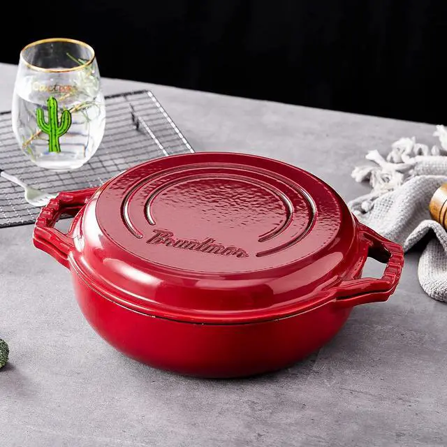 Alt view image 5 of 7 - Bruntmor 2-in-1 Pre-Seasoned Cast Iron Pan |Cocotte Double Braiser Pan with Grill Lid 3.3 Quarts - Barbecue Grill Non Stick Frying Pan - Nonstick Cookware Set with Wide Handle (Red)