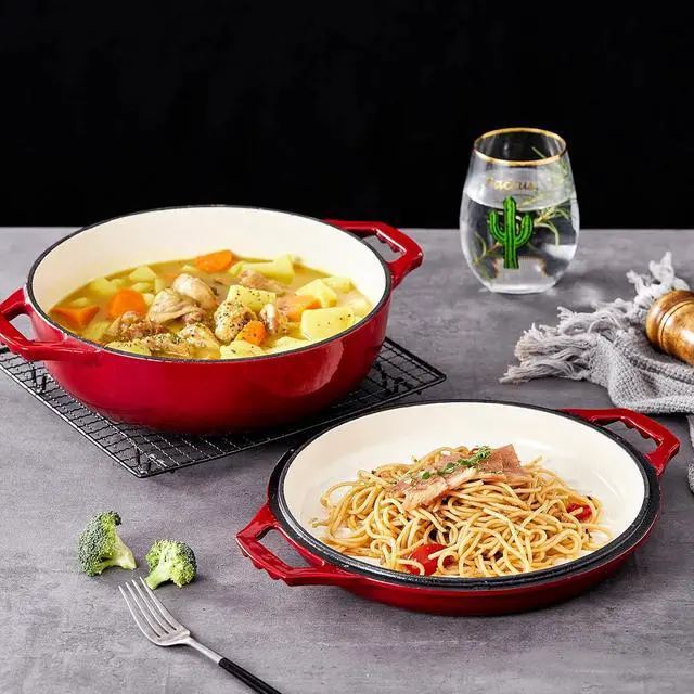 Alt view image 6 of 7 - Bruntmor 2-in-1 Pre-Seasoned Cast Iron Pan |Cocotte Double Braiser Pan with Grill Lid 3.3 Quarts - Barbecue Grill Non Stick Frying Pan - Nonstick Cookware Set with Wide Handle (Red)