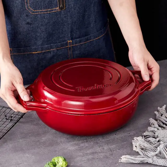 Alt view image 7 of 7 - Bruntmor 2-in-1 Pre-Seasoned Cast Iron Pan |Cocotte Double Braiser Pan with Grill Lid 3.3 Quarts - Barbecue Grill Non Stick Frying Pan - Nonstick Cookware Set with Wide Handle (Red)