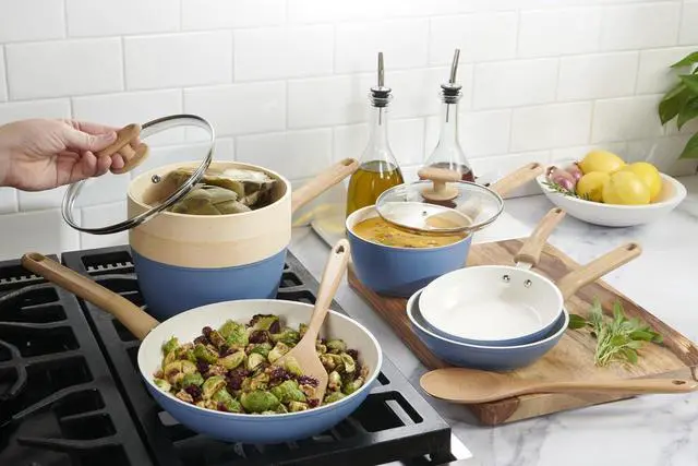 Alt view image 2 of 6 - GoodCook 10-Piece Healthy Ceramic Titanium-Infused Cookware Set, Light Blue Pots, Pans, Steamer, Spoon & Turner Induction Cookware, Kitchen Pots & Pans Set, Nonstick Cooking Pan Set