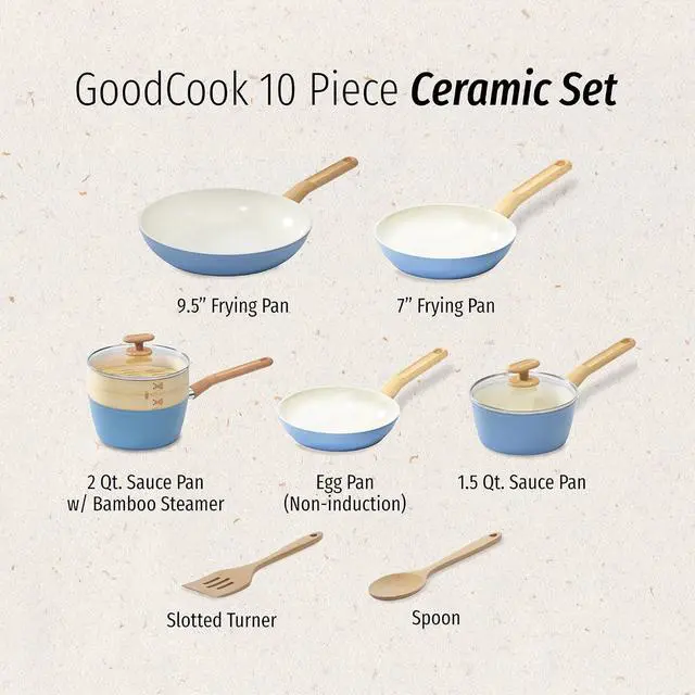 Alt view image 4 of 6 - GoodCook 10-Piece Healthy Ceramic Titanium-Infused Cookware Set, Light Blue Pots, Pans, Steamer, Spoon & Turner Induction Cookware, Kitchen Pots & Pans Set, Nonstick Cooking Pan Set