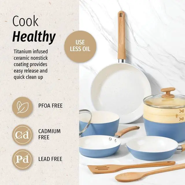 Alt view image 6 of 6 - GoodCook 10-Piece Healthy Ceramic Titanium-Infused Cookware Set, Light Blue Pots, Pans, Steamer, Spoon & Turner Induction Cookware, Kitchen Pots & Pans Set, Nonstick Cooking Pan Set