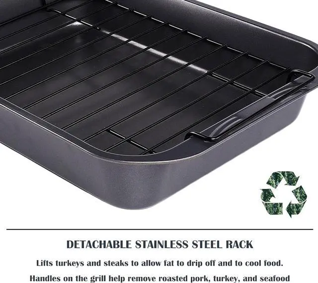 Alt view image 2 of 7 - kitCom Bakeware Nonstick Roaster, Nonstick Roasting Pan with Rack, Great For Roast Chicken, Roasts And Turkeys - 15 Inch x 11 Inch (5.8 QT), Gray