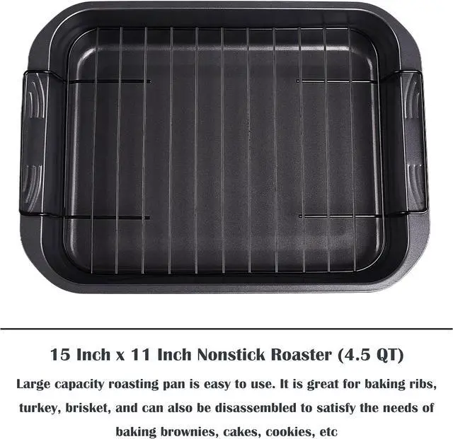 Alt view image 3 of 7 - kitCom Bakeware Nonstick Roaster, Nonstick Roasting Pan with Rack, Great For Roast Chicken, Roasts And Turkeys - 15 Inch x 11 Inch (5.8 QT), Gray