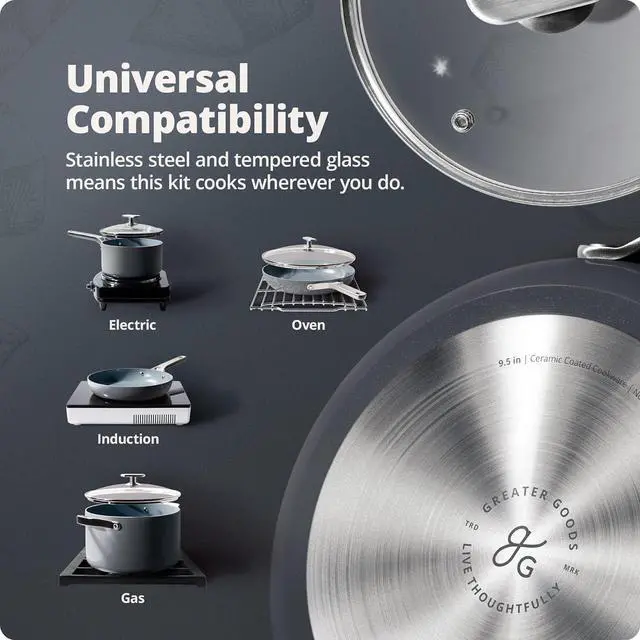Alt view image 4 of 6 - Greater Goods Chef's Grade Ceramic Nonstick Cookware Set - 12 Piece, Pots and Pans Set with Lids, Midnight Gray