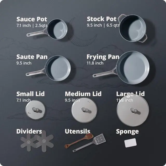 Alt view image 6 of 6 - Greater Goods Chef's Grade Ceramic Nonstick Cookware Set - 12 Piece, Pots and Pans Set with Lids, Midnight Gray