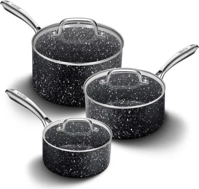 Main image of Nonstick Premium 3-Piece Saucepan Set with Glass Lids, Natural Durable Granite Coating, Nonstick, Durable & Oven Safe to 450°F, 1&2&3QT, Black
