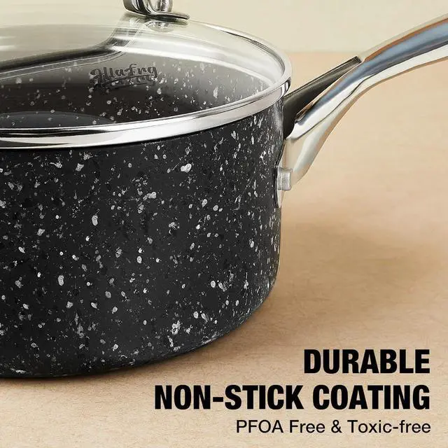 Alt view image 2 of 7 - Nonstick Premium 3-Piece Saucepan Set with Glass Lids, Natural Durable Granite Coating, Nonstick, Durable & Oven Safe to 450°F, 1&2&3QT, Black