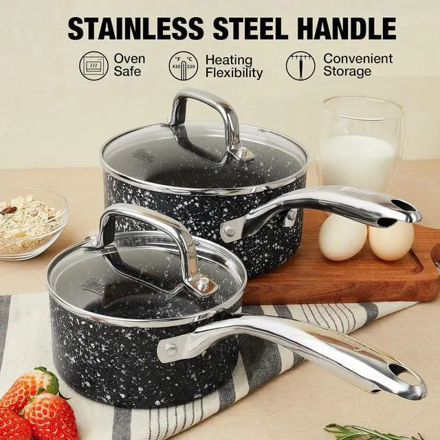Alt view image 5 of 7 - Nonstick Premium 3-Piece Saucepan Set with Glass Lids, Natural Durable Granite Coating, Nonstick, Durable & Oven Safe to 450°F, 1&2&3QT, Black