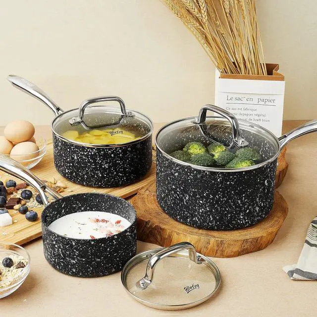 Alt view image 6 of 7 - Nonstick Premium 3-Piece Saucepan Set with Glass Lids, Natural Durable Granite Coating, Nonstick, Durable & Oven Safe to 450°F, 1&2&3QT, Black