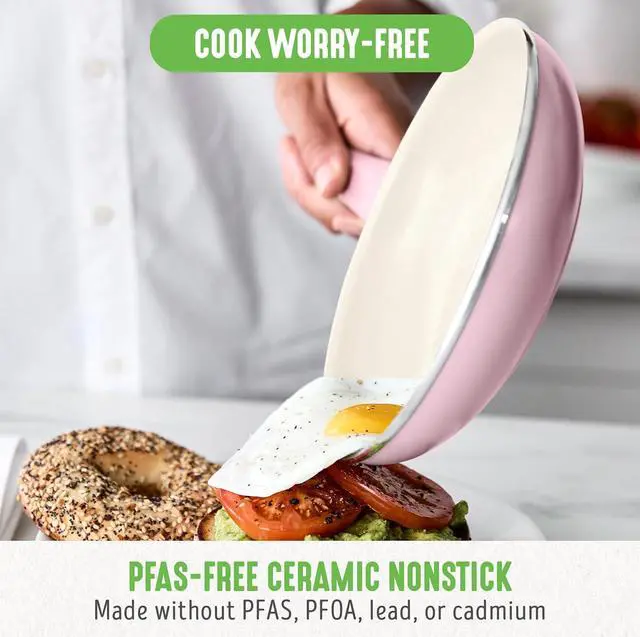 Alt view image 2 of 7 - GreenLife Soft Grip 8 Frypan Skillet and Spatula Breakfast Cookware Set, PFAS-Free Ceramic Nonstick, Silicon Spatula with Bamboo Handle, Egg Omelette Bacon, Dishwasher Safe, Stay-Cool Handles, Pink