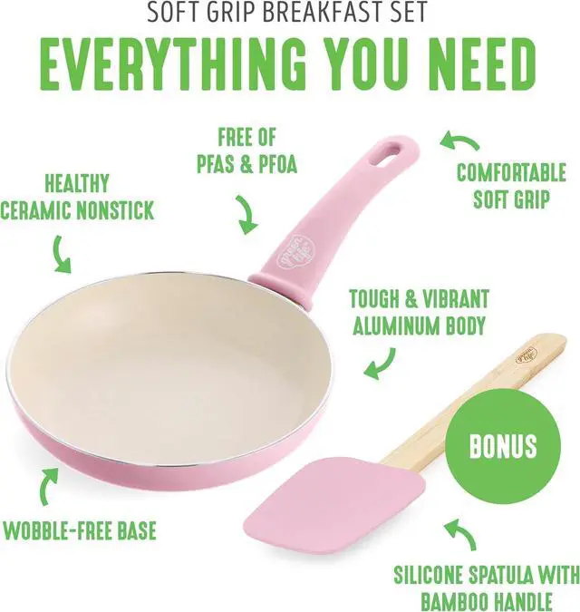 Alt view image 3 of 7 - GreenLife Soft Grip 8 Frypan Skillet and Spatula Breakfast Cookware Set, PFAS-Free Ceramic Nonstick, Silicon Spatula with Bamboo Handle, Egg Omelette Bacon, Dishwasher Safe, Stay-Cool Handles, Pink