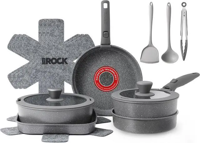 Main image of THE ROCK SMART SPACE Ceramic 16pc Nonstick Pots and Pans Set with ROCK.TEC, Cookware Set with Detachable Handles, Scratch/Stain/Crack Proof, Oven & Dishwasher Safe, PFAS & PFOA Free, Grey