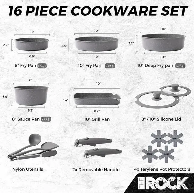 Alt view image 4 of 7 - THE ROCK SMART SPACE Ceramic 16pc Nonstick Pots and Pans Set with ROCK.TEC, Cookware Set with Detachable Handles, Scratch/Stain/Crack Proof, Oven & Dishwasher Safe, PFAS & PFOA Free, Grey