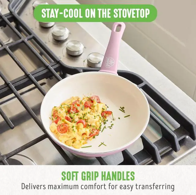 Alt view image 7 of 7 - GreenLife Soft Grip 8 Frypan Skillet and Spatula Breakfast Cookware Set, PFAS-Free Ceramic Nonstick, Silicon Spatula with Bamboo Handle, Egg Omelette Bacon, Dishwasher Safe, Stay-Cool Handles, Pink