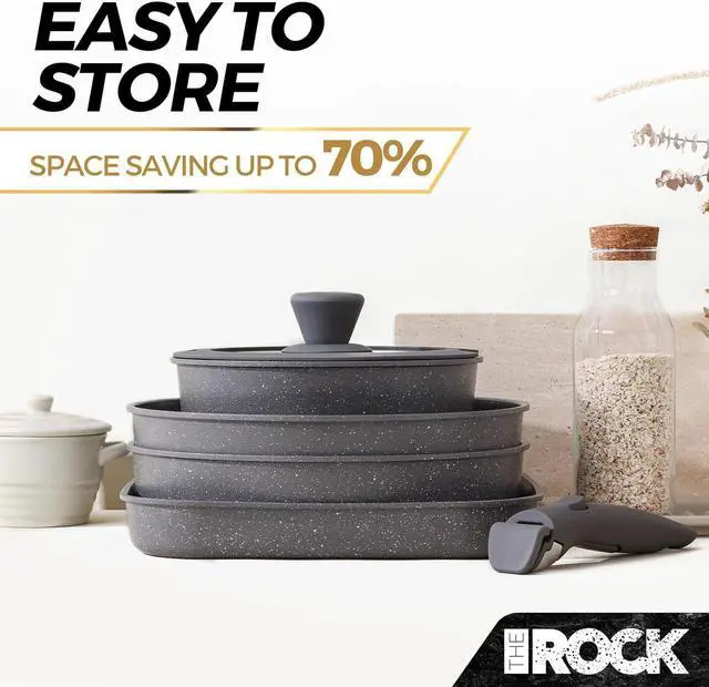 Alt view image 6 of 7 - THE ROCK SMART SPACE Ceramic 16pc Nonstick Pots and Pans Set with ROCK.TEC, Cookware Set with Detachable Handles, Scratch/Stain/Crack Proof, Oven & Dishwasher Safe, PFAS & PFOA Free, Grey