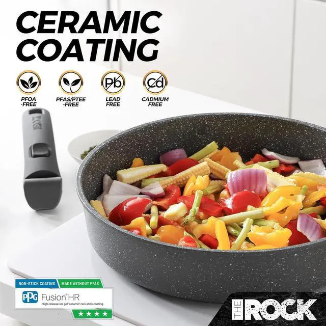 Alt view image 7 of 7 - THE ROCK SMART SPACE Ceramic 16pc Nonstick Pots and Pans Set with ROCK.TEC, Cookware Set with Detachable Handles, Scratch/Stain/Crack Proof, Oven & Dishwasher Safe, PFAS & PFOA Free, Grey