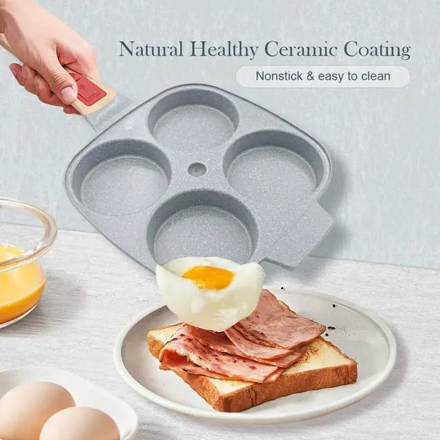 Alt view image 2 of 6 - Ceramic Egg Frying Pan, Nonstick 4 Cup Fried Egg Pan with Detachable Handle, Omelette Pan Induction Compatible - Blue