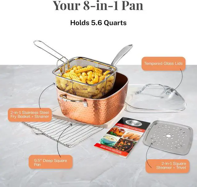 Alt view image 2 of 7 - Gotham Steel Nonstick Square Deep Frying Pan, 9.5 Large Cooking Pan with Ceramic Nonstick Coating, Deep Fryer Pot with Basket, 4 Pc Titanium Ceramic with Lid, Basket & Steamer Tray, Dishwasher Safe