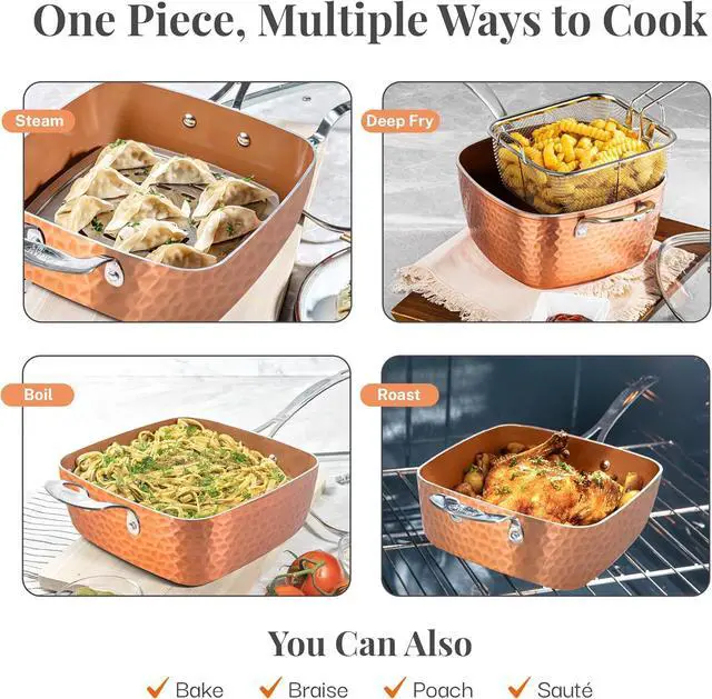 Alt view image 3 of 7 - Gotham Steel Nonstick Square Deep Frying Pan, 9.5 Large Cooking Pan with Ceramic Nonstick Coating, Deep Fryer Pot with Basket, 4 Pc Titanium Ceramic with Lid, Basket & Steamer Tray, Dishwasher Safe