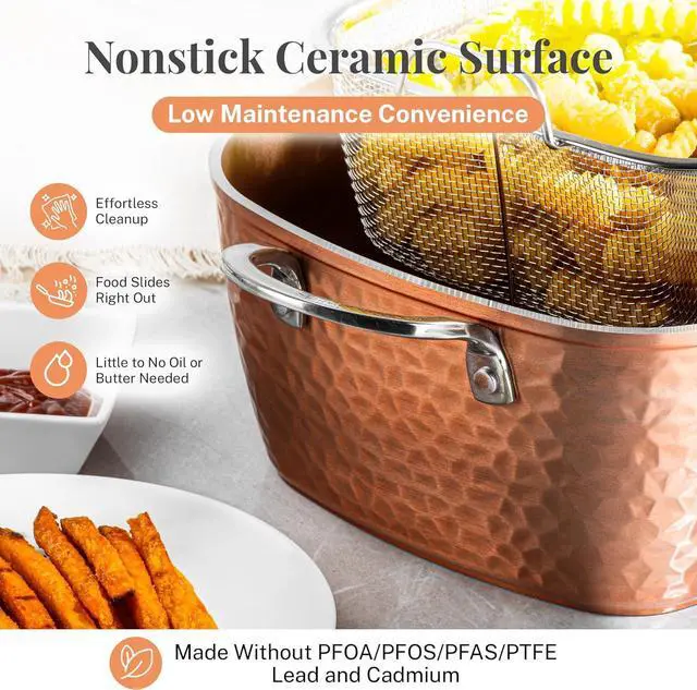 Alt view image 4 of 7 - Gotham Steel Nonstick Square Deep Frying Pan, 9.5 Large Cooking Pan with Ceramic Nonstick Coating, Deep Fryer Pot with Basket, 4 Pc Titanium Ceramic with Lid, Basket & Steamer Tray, Dishwasher Safe