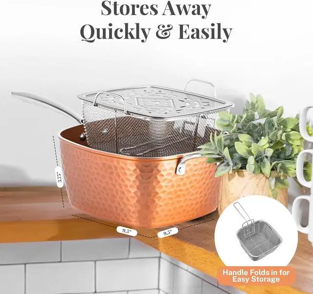 Alt view image 5 of 7 - Gotham Steel Nonstick Square Deep Frying Pan, 9.5 Large Cooking Pan with Ceramic Nonstick Coating, Deep Fryer Pot with Basket, 4 Pc Titanium Ceramic with Lid, Basket & Steamer Tray, Dishwasher Safe