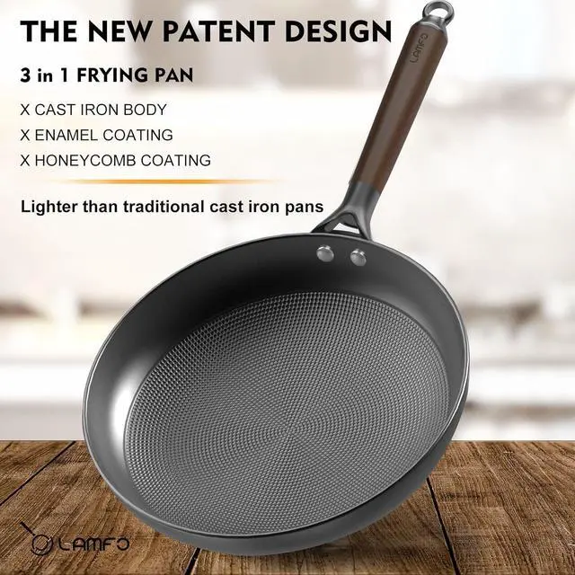 Alt view image 2 of 7 - Non Stick Frying Pans, 12" Honeycomb Long-Lasting Cast Iron Skillets, Durable Lightweight Cooking Cast Iron Pan w/Detachable Handle, Oven Dishwasher Safe, 2024 Upgrade Nonstick Pan