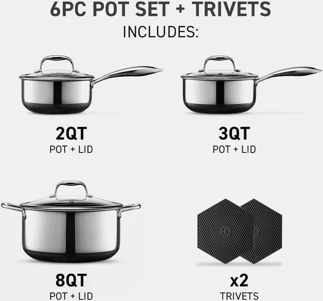 Alt view image 4 of 7 - HexClad Hybrid Nonstick 6-Piece Pot Set with 2 Silicone Trivets, 2, 3, and 8-Quart Pots with Tempered Glass Lids, Stay-Cool Handles, Dishwasher-Friendly, Induction Ready, Compatible with All Cooktops