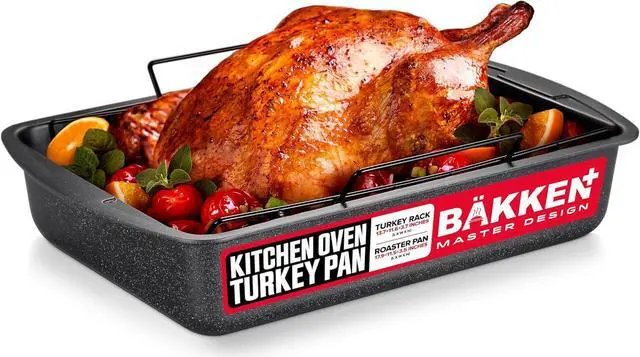 Main image of BAKKEN Nonstick Turkey Roasting Pan with Rack  17 X 13 inch, Large Heavy-Duty Carbon Steel Roasting Pan, Wide Handles, Versatile for Baking, Grilling, & Roasting, Oven Safe Up to 450°F, Gray Marble