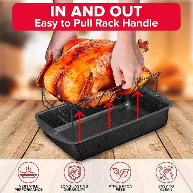 Alt view image 3 of 7 - BAKKEN Nonstick Turkey Roasting Pan with Rack  17 X 13 inch, Large Heavy-Duty Carbon Steel Roasting Pan, Wide Handles, Versatile for Baking, Grilling, & Roasting, Oven Safe Up to 450°F, Gray Marble