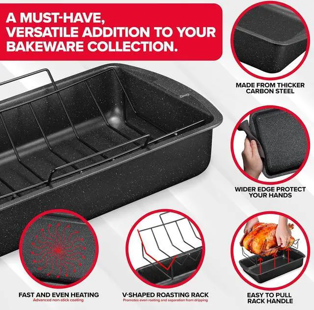 Alt view image 4 of 7 - BAKKEN Nonstick Turkey Roasting Pan with Rack  17 X 13 inch, Large Heavy-Duty Carbon Steel Roasting Pan, Wide Handles, Versatile for Baking, Grilling, & Roasting, Oven Safe Up to 450°F, Gray Marble