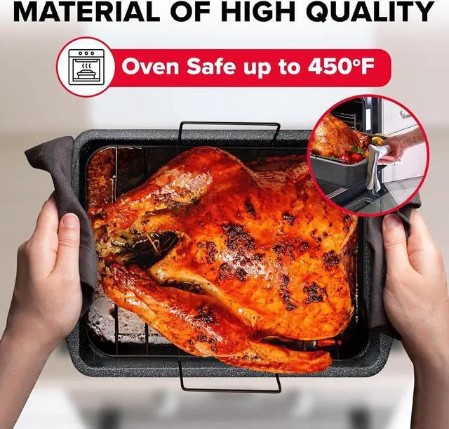 Alt view image 5 of 7 - BAKKEN Nonstick Turkey Roasting Pan with Rack  17 X 13 inch, Large Heavy-Duty Carbon Steel Roasting Pan, Wide Handles, Versatile for Baking, Grilling, & Roasting, Oven Safe Up to 450°F, Gray Marble