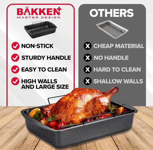 Alt view image 6 of 7 - BAKKEN Nonstick Turkey Roasting Pan with Rack  17 X 13 inch, Large Heavy-Duty Carbon Steel Roasting Pan, Wide Handles, Versatile for Baking, Grilling, & Roasting, Oven Safe Up to 450°F, Gray Marble