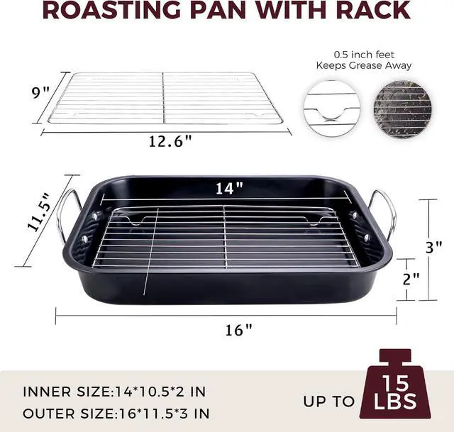 Alt view image 2 of 7 - HONGBAKE Small Roasting Pan with Flat Rack for 15 Lb Turkey, 16 X 11.5 Inch Nonstick Chicken Roaster Tray for Oven, Baking Pans for Cooking Lasagna with Stainless Steel Handles