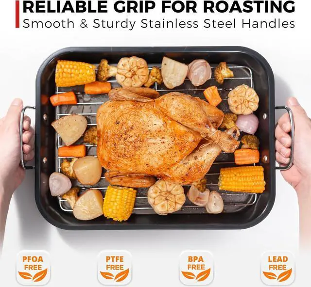 Alt view image 3 of 7 - HONGBAKE Small Roasting Pan with Flat Rack for 15 Lb Turkey, 16 X 11.5 Inch Nonstick Chicken Roaster Tray for Oven, Baking Pans for Cooking Lasagna with Stainless Steel Handles