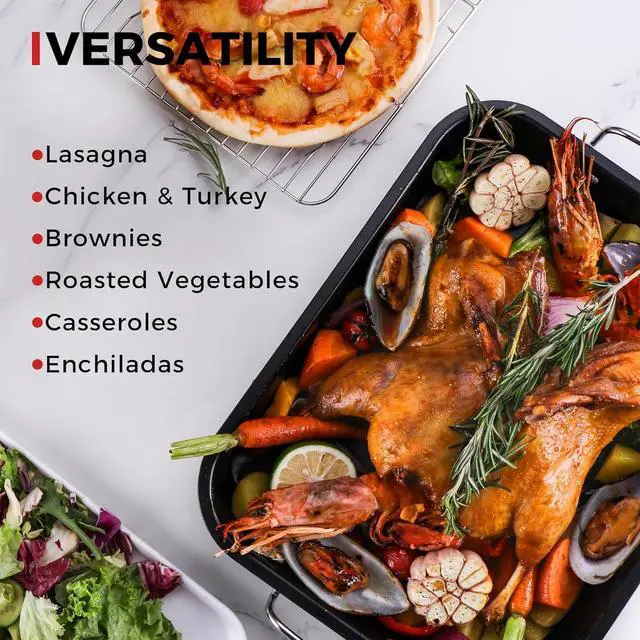 Alt view image 6 of 7 - HONGBAKE Small Roasting Pan with Flat Rack for 15 Lb Turkey, 16 X 11.5 Inch Nonstick Chicken Roaster Tray for Oven, Baking Pans for Cooking Lasagna with Stainless Steel Handles