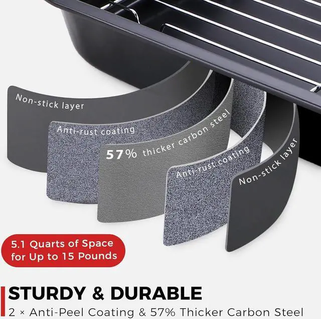 Alt view image 5 of 7 - HONGBAKE Small Roasting Pan with Flat Rack for 15 Lb Turkey, 16 X 11.5 Inch Nonstick Chicken Roaster Tray for Oven, Baking Pans for Cooking Lasagna with Stainless Steel Handles