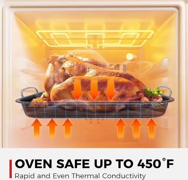 Alt view image 7 of 7 - HONGBAKE Small Roasting Pan with Flat Rack for 15 Lb Turkey, 16 X 11.5 Inch Nonstick Chicken Roaster Tray for Oven, Baking Pans for Cooking Lasagna with Stainless Steel Handles
