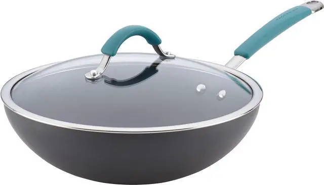 Main image of Rachael Ray Cucina Hard-Anodized Nonstick Covered Stir Fry Pan, 11-Inch, Gray, Agave Blue Handles