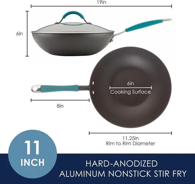 Alt view image 2 of 7 - Rachael Ray Cucina Hard-Anodized Nonstick Covered Stir Fry Pan, 11-Inch, Gray, Agave Blue Handles