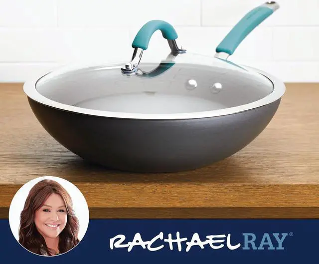 Alt view image 7 of 7 - Rachael Ray Cucina Hard-Anodized Nonstick Covered Stir Fry Pan, 11-Inch, Gray, Agave Blue Handles