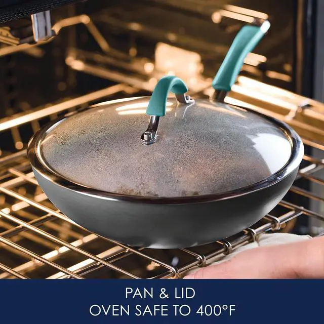 Alt view image 6 of 7 - Rachael Ray Cucina Hard-Anodized Nonstick Covered Stir Fry Pan, 11-Inch, Gray, Agave Blue Handles