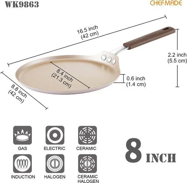 Alt view image 2 of 6 - CHEFMADE Crepe Pan with Bamboo Spreader, 8-Inch Non-Stick Pancake Pan with Insulating Silicone Handle for Gas, Induction, Electric Cooker (Champagne Gold)