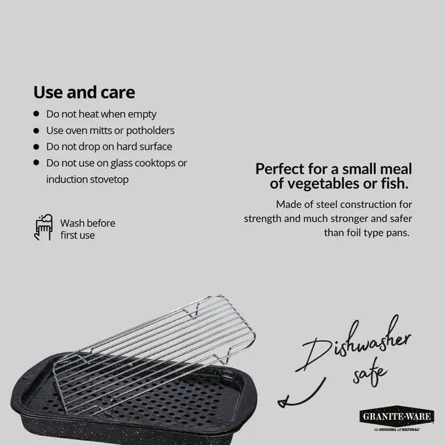 Alt view image 7 of 7 - Granite Ware 3 piece multiuse set. Enameled steel bake, broiler pan, and grill with rack. Versatile for oven and direct fire cooking. Resists up to 932°F.