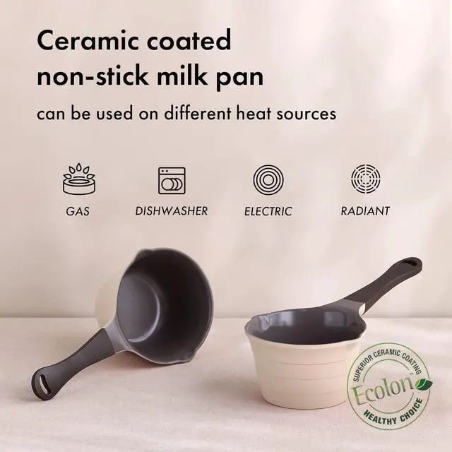 Alt view image 3 of 6 - Neoflam 1qt Saucepan Butter Warmer Milk Boiling|Melting Pot, Ecolon Healthy Ceramic Nonstick Coating PFOA-free, 2 Pour Spouts, Dishwasher Safe, Ivory