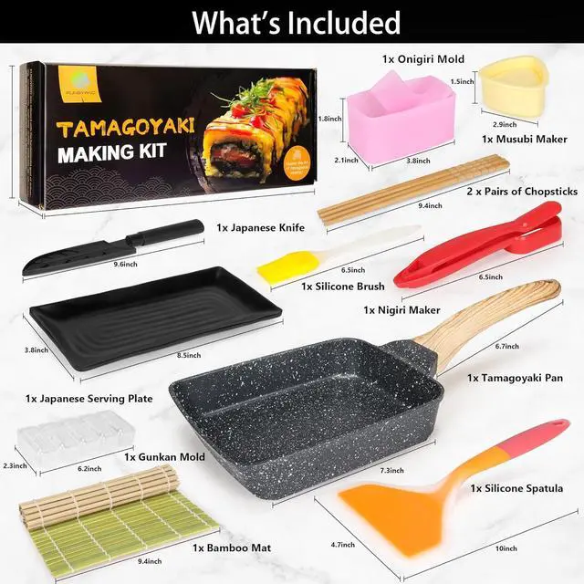 Alt view image 2 of 7 - FUNGYAND Tamagoyaki Pan Set, 12-in-1 Japanese Omelette Pan with Spatula, Bamboo Mat, Knife, and Sushi Accessories - 5x7 Inches Deluxe Cookware